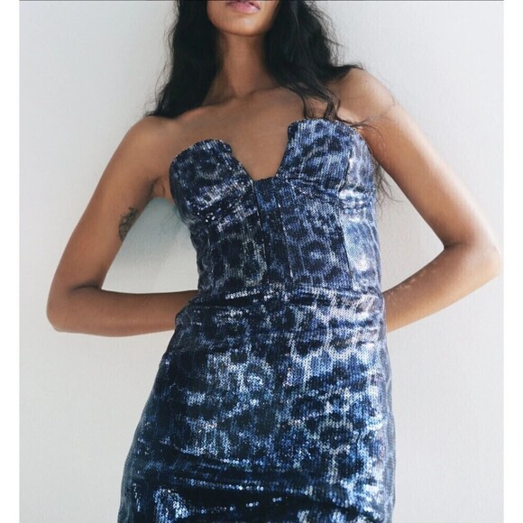 NWT Zara Sequin Corset Leopard Print Strapless Mini Dress, XL - Picture 1 of 11